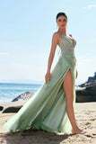 Green Spaghetti Straps Appliques Tulle Long Prom Dress with Slit