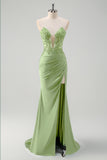 Mermaid Green Sweetheart Applique Satin Long Prom Dress