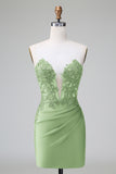 Dark Green Deep V Neck Applique Satin Mini Homecoming Dress