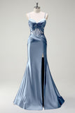 Royal Blue Spaghetti Straps Mermaid Long Prom Dress with Slit