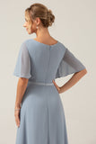 Dusty Blue A-Line V Neck Short Sleeves Chiffon Bridesmaid Dress