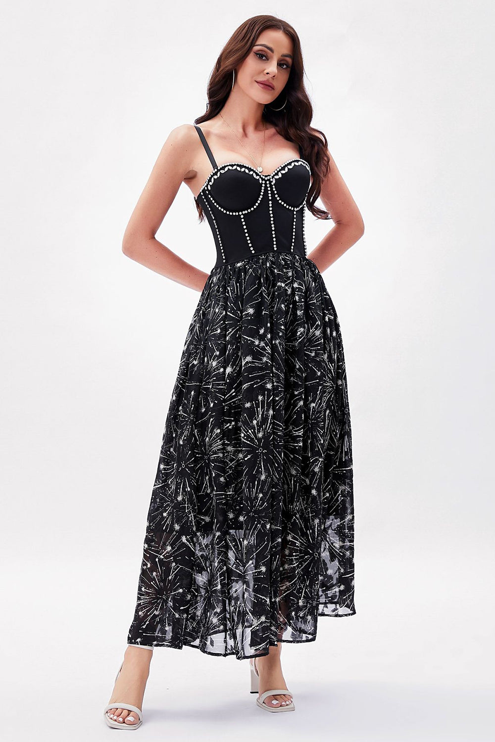 Black Printed A-Line Spaghetti Straps Party Dress