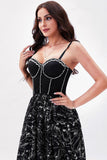 Black Printed A-Line Spaghetti Straps Party Dress