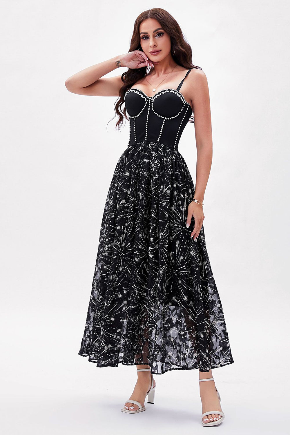 Black Printed A-Line Spaghetti Straps Party Dress