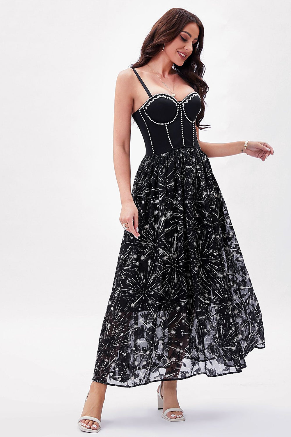 Black Printed A-Line Spaghetti Straps Party Dress