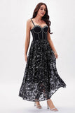 Black Printed A-Line Spaghetti Straps Party Dress