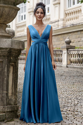 Ink Blue A Line V Neck Chiffon Long Bridesmaid Dress with Lace Up Back