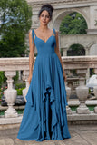 Ink Blue A Line Spaghetti Straps Long Bridesmaid Dress with Ruffles