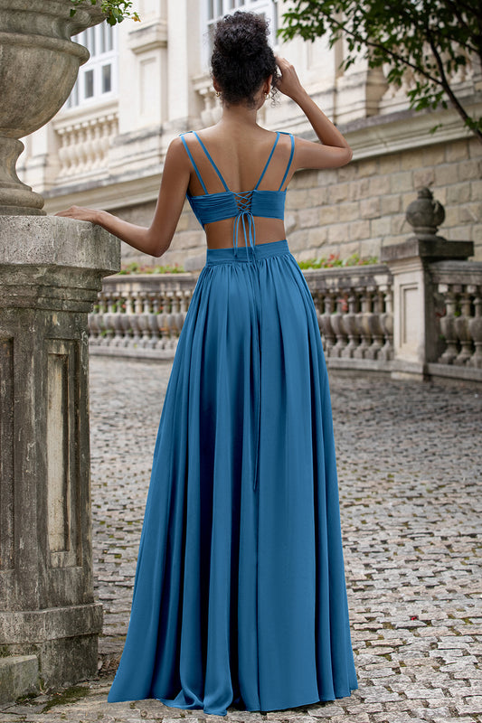 Ink Blue A Line V Neck Chiffon Long Bridesmaid Dress with Lace Up Back