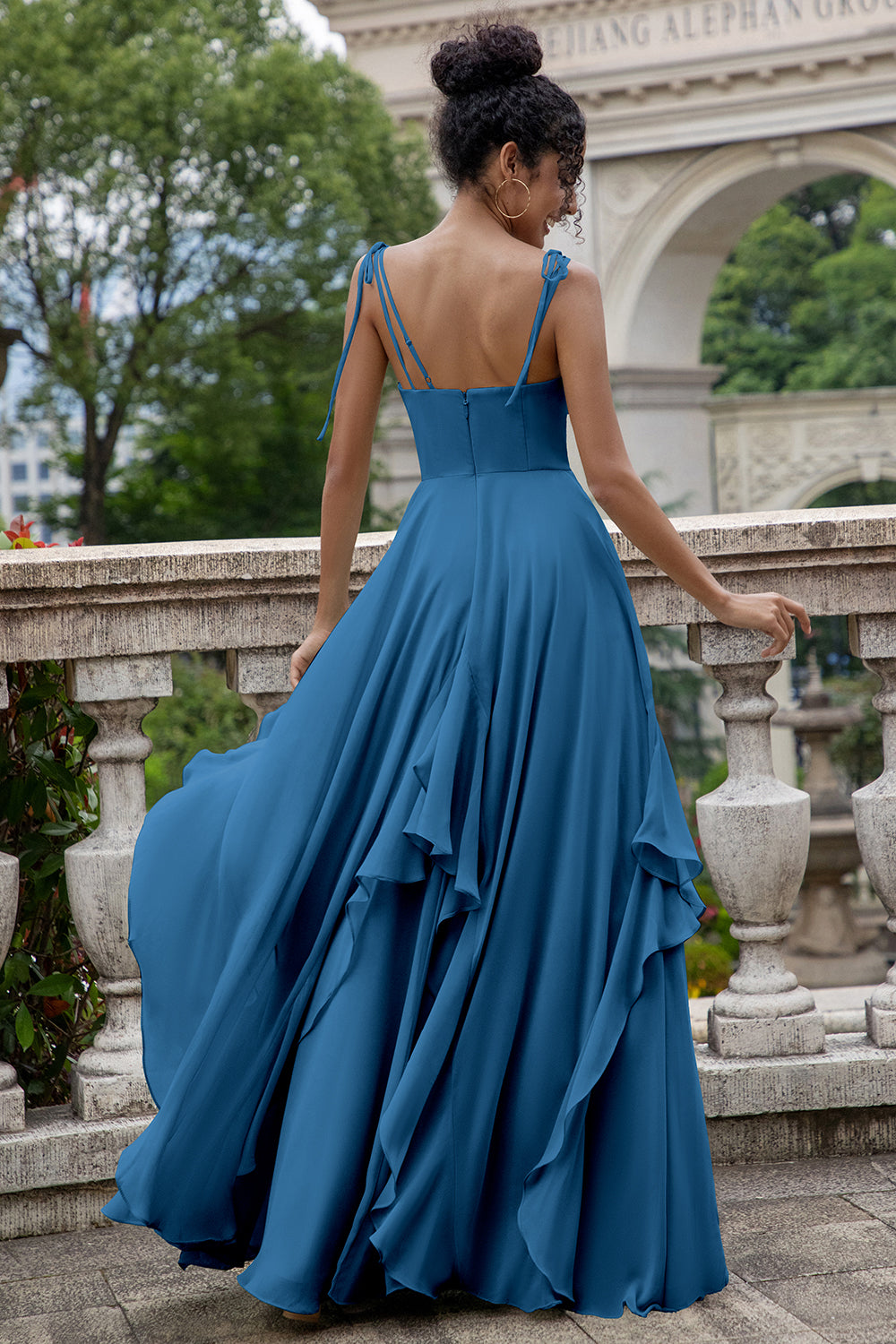 Ink Blue A Line Spaghetti Straps Long Bridesmaid Dress with Ruffles