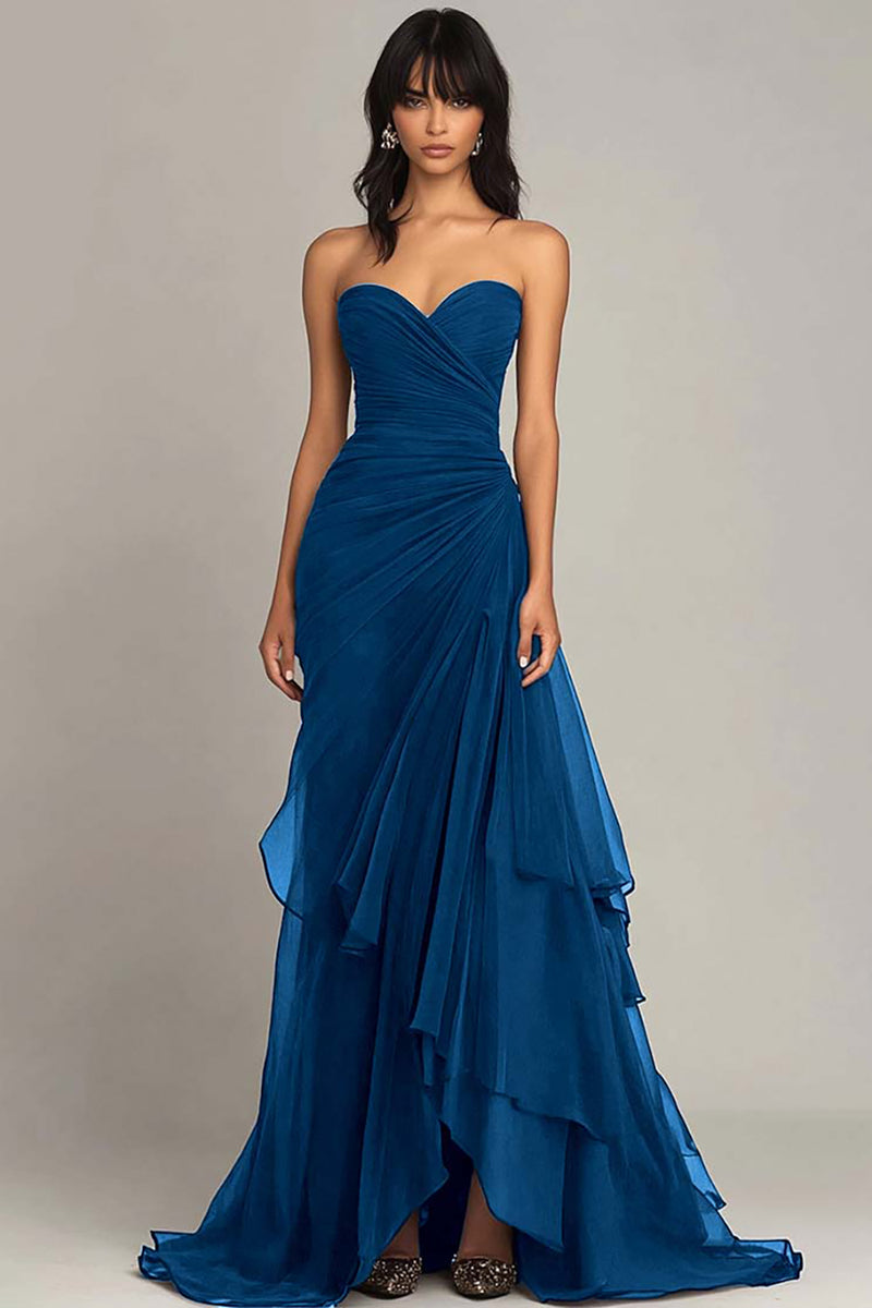 Ink Blue Sweetheart Ruffled Formal Dress Ruched Black Tie Dress Strapless Mermaid Evening Dress