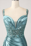 Sparkly Champagne Mermaid Watteau Train Corset Sequins Satin Prom Dress with Slit