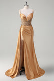 Sparkly Champagne Mermaid Watteau Train Corset Sequins Satin Prom Dress with Slit