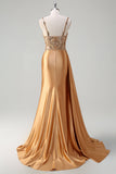 Sparkly Champagne Mermaid Watteau Train Corset Sequins Satin Prom Dress with Slit