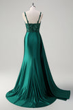 Sparkly Champagne Mermaid Watteau Train Corset Sequins Satin Prom Dress with Slit