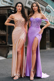 Sparkly Mermaid Champagne Off the Shoulder Corset Prom Dress with Slit