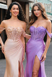 Sparkly Mermaid Champagne Off the Shoulder Corset Prom Dress with Slit