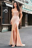 Champagne Mermaid Off the Shoulder Corset Long Prom Dress with Slit