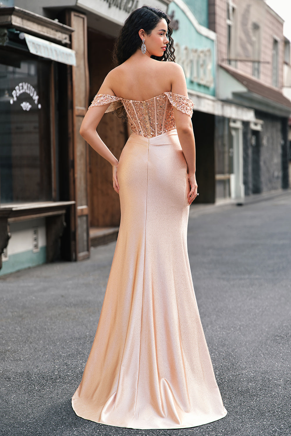 Sparkly Mermaid Champagne Off the Shoulder Corset Prom Dress with Slit