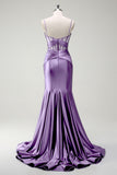 Mermaid Fuchsia Spaghetti Straps Beaded Long Prom Dress with Slit