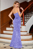 Royal Blue Strapless Sequins Long Mermaid Prom Dress With Slit