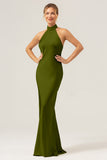 Halter Sheath Dark Green Long Bridesmaid Dress with Back Slit