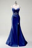 Royal Blue Spaghetti Straps Mermaid Long Prom Dress with Slit