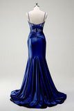 Royal Blue Spaghetti Straps Mermaid Long Prom Dress with Slit