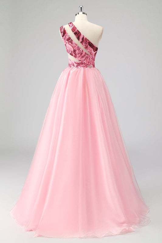 Pink One Shoulder Hollow Out A Line Appliques Long Prom Dress