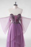 A Line Off The Shoulder Purple Sequins Wedding Guest Dress