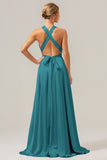 Pink A Line V-Neck Backless Long Bridesmaid Dress with Slit