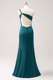 Dusty Sage One Shoulder Mermaid Satin Long Bridesmaid Dress