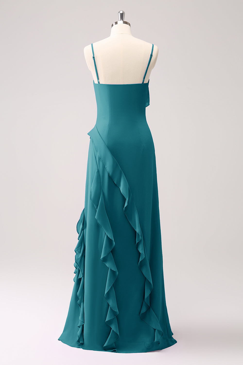 Dusty Sage Ruffled Spaghetti Straps Chiffon Long Bridesmaid Dress with Slit