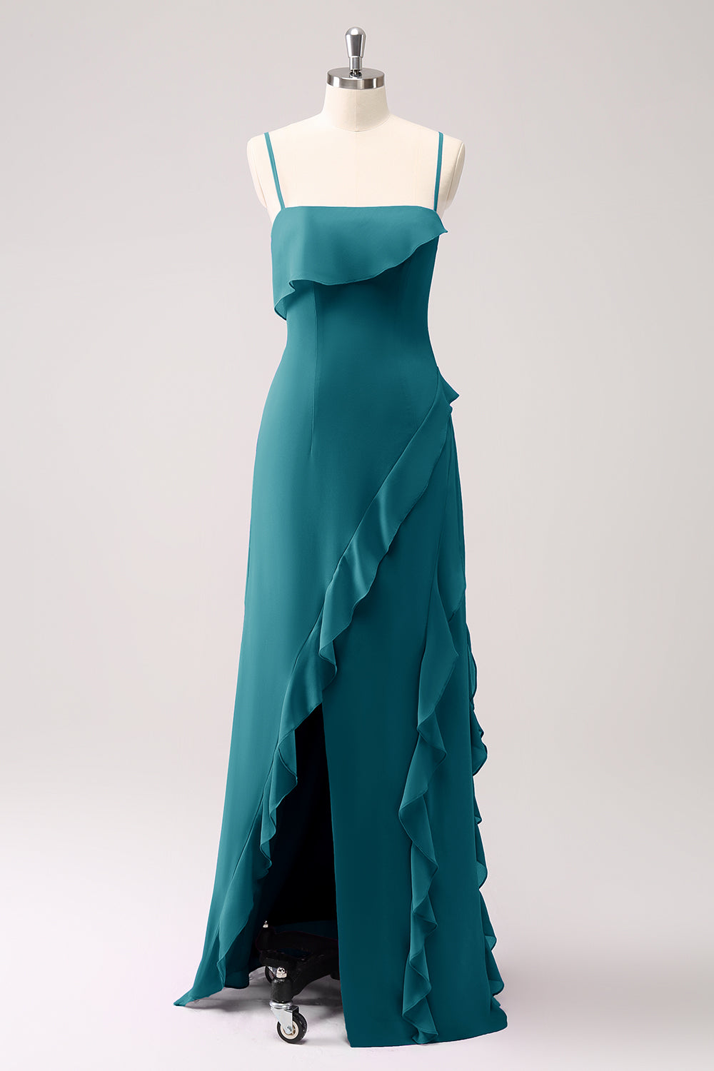 Dusty Sage Ruffled Spaghetti Straps Chiffon Long Bridesmaid Dress with Slit