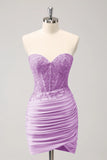 Lilac Strapless Corset Pleated Tight Homecoming Dress with Appliques