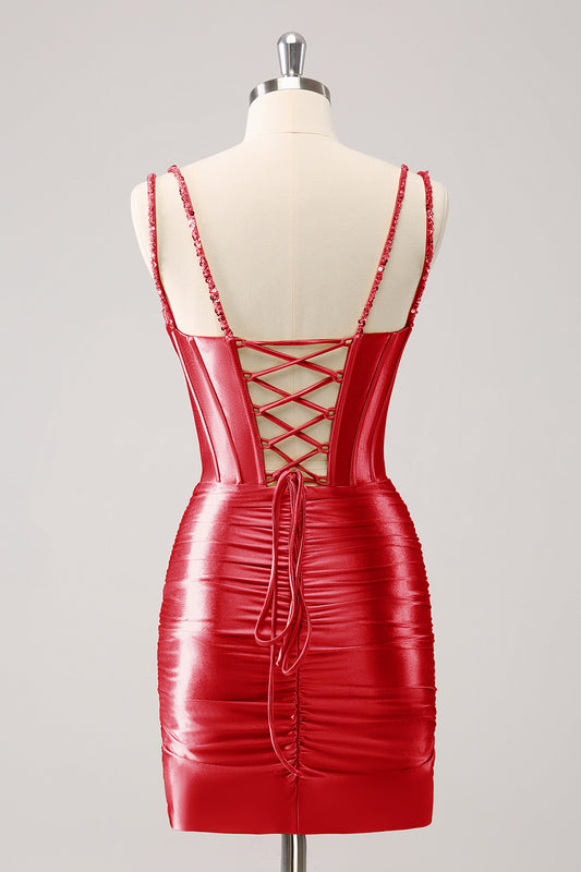 Red Spaghetti Straps Bodycon Homecoming Dress with Sequins