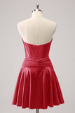 Burgundy A Line Sweetheart Strapless Keyhole Satin Homecoming Dress