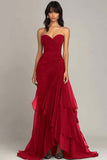 Red Sweetheart Ruffled Formal Dress Ruched Black Tie Dress Strapless Mermaid Evening Dress