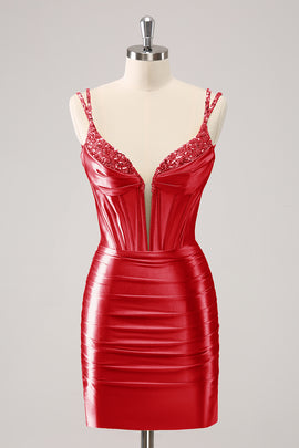 Red Spaghetti Straps Bodycon Homecoming Dress with Sequins