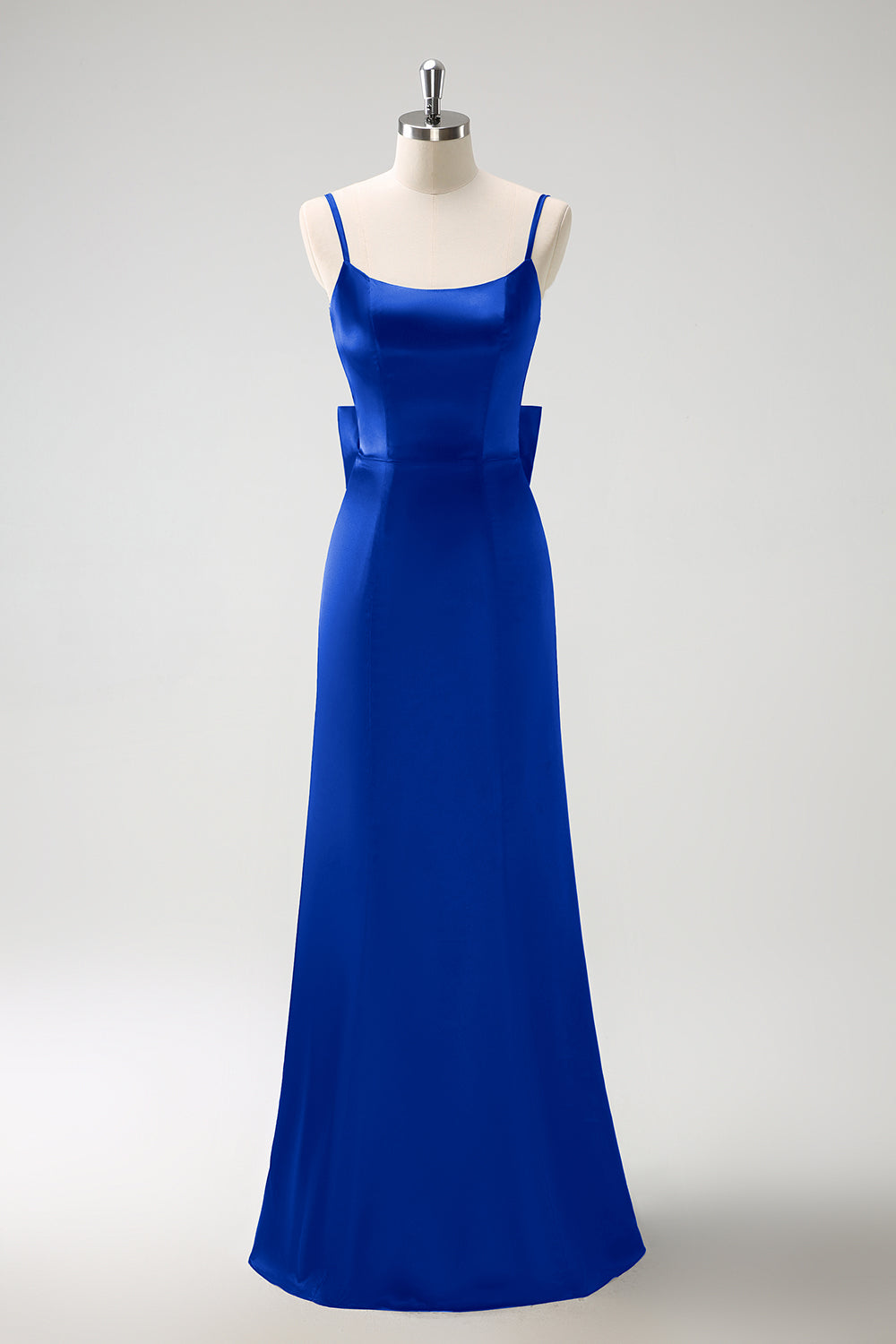 Royal Blue Mermaid Spaghetti Straps Ruffed Bow Back Satin Long Bridesmaid Dress