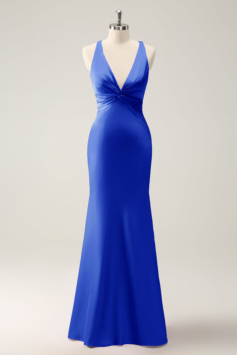 Dusty Blue Mermaid V Neck Satin Long Bridesmaid Dress