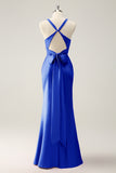 Dusty Blue Mermaid V Neck Satin Long Bridesmaid Dress