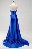 Navy Beaded Mermaid Spaghetti Straps Long Prom Dress with Slit