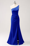 Eucalyptus One Shoulder Mermaid Satin Long Bridesmaid Dress