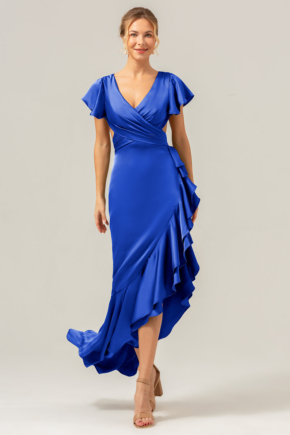 Olive V Neck Backless Sheath Wedding Guest Dress with Ruffles