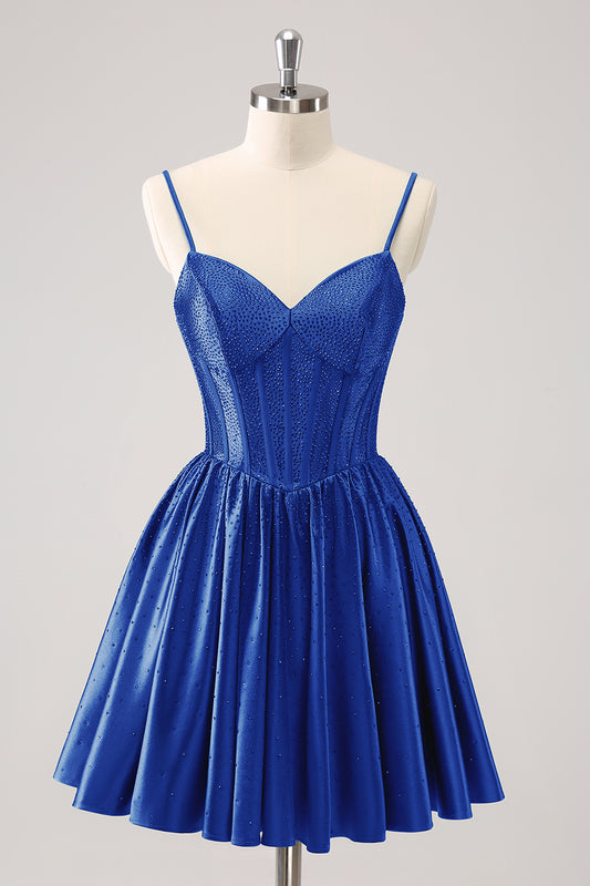 Royal Blue A Line Spaghetti Straps Corset Pleated Homecoming Dress