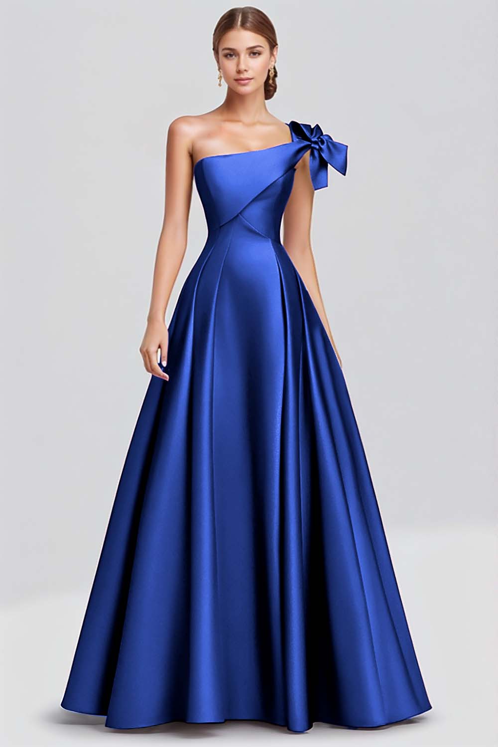 Fuchsia A-Line One Shoulder Bow Satin Long Formal Dress