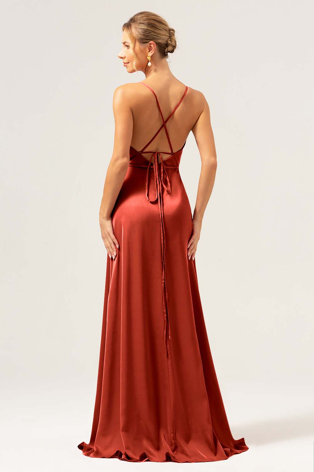 Martini Spaghetti Straps Swing Collar Long Bridesmaid Dress with Slit