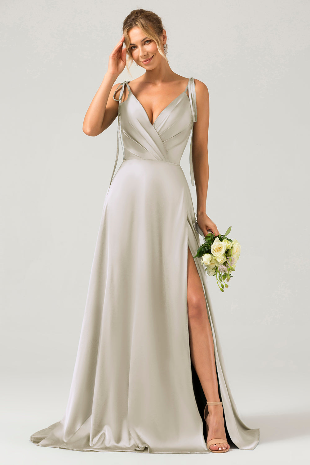 Dark Green A-Line Spaghetti Straps Ruched Long Bridesmaid Dress with Slit