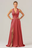 Pink A Line V-Neck Backless Long Bridesmaid Dress with Slit